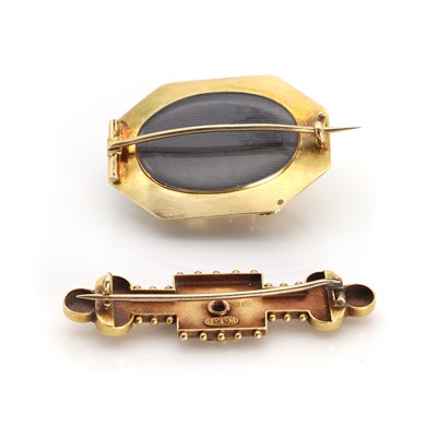 Lot 1011 - A Victorian gold diamond bar brooch and a gold diamond and enamel mourning brooch