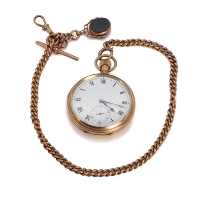 Lot 1425 - A 9ct gold pocket watch and Albert chain with fob