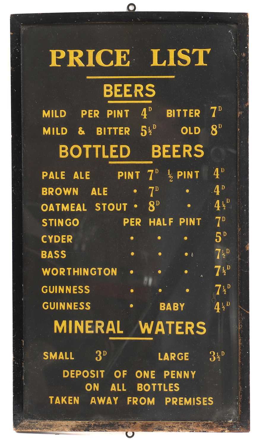 Lot 190 - A pub price list