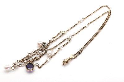Lot 30 - A 9ct gold seed pearl and amethyst festoon necklace