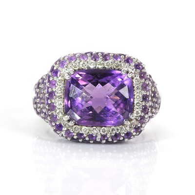 Lot 180 - 14ct white gold and amethyst and diamond cluster ring