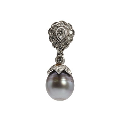 Lot 1226 - A white gold diamond and cultured grey pearl pendant