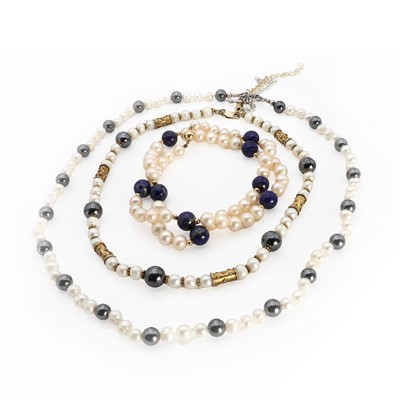 Lot 1327 - Three pearl and bead necklaces