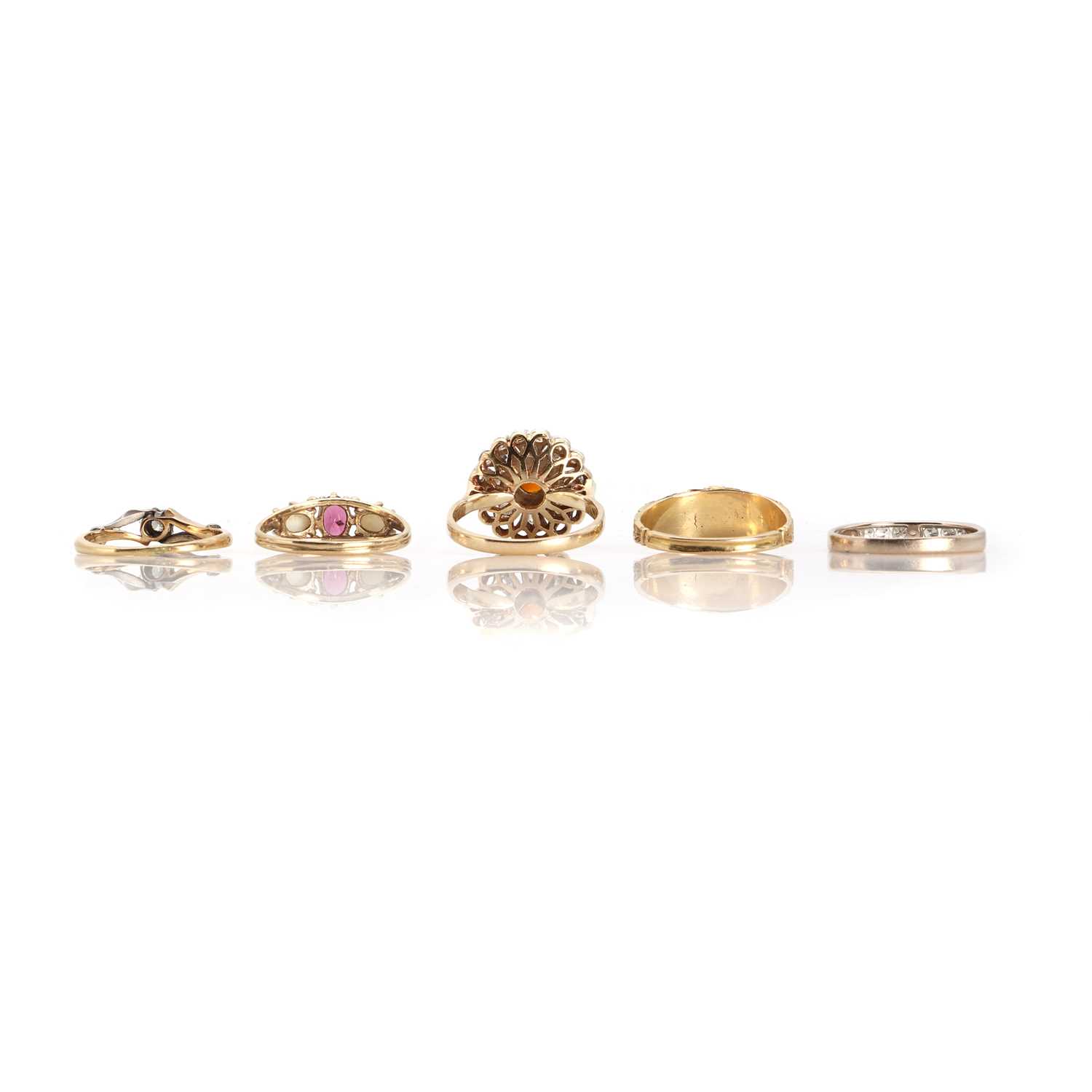 Lot 1296 - Five gold rings with diamonds or coloured