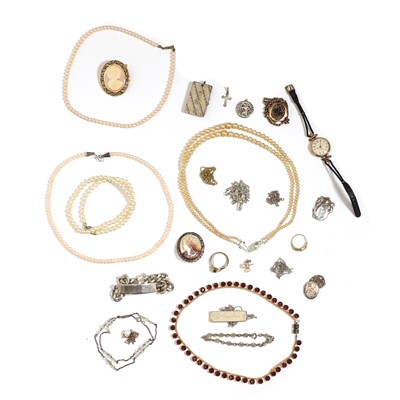 Lot 1345 - A group of gold, silver, pearl and costume jewellery