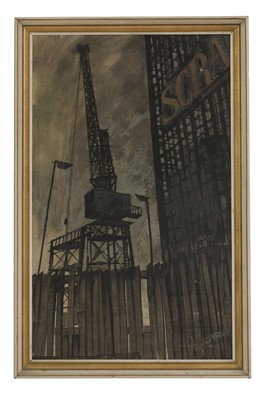 Lot 111 - A mid-century painting of a scrapyard crane