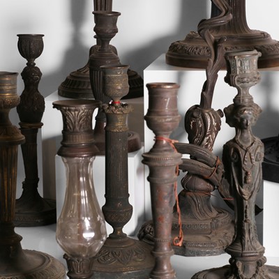 Lot 107 - A collection of bronze, ormolu and glass candlesticks