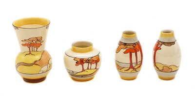 Lot 213 - A set of four Clarice Cliff miniature vases