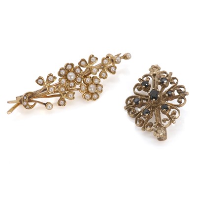 Lot 176 - A seed pearl spray brooch and a sapphire brooch