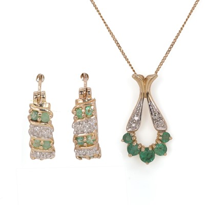 Lot 144 - A 9ct gold emerald pendant and similar pair of silver gilt earrings