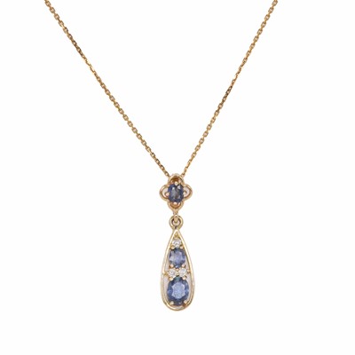 Lot 105 - A 9ct gold sapphire and diamond drop pendant with chain