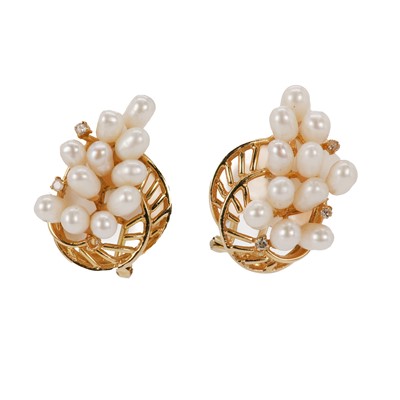 Lot 121 - A pair of  pearl and diamond spray design earrings