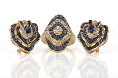 Lot 107 - A gold sapphire and diamond ring and earring set