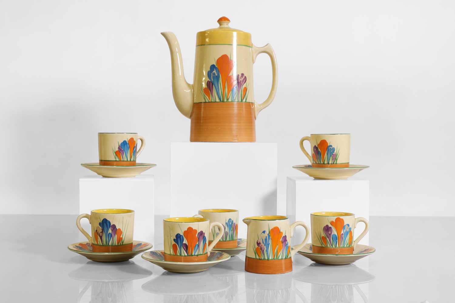 Lot 127 - A Clarice Cliff 'Crocus' tankard coffee set