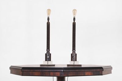 Lot A pair of turned wooden wine-press column lamps