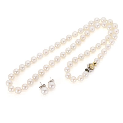 Lot 213 - A single row uniform cultured pearl necklace and a pair of white gold cultured pearl stud earrings