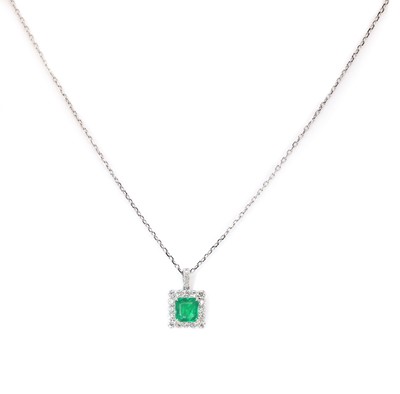 Lot 88 - A white gold emerald and diamond square cluster pendant and chain