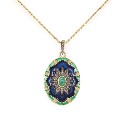 Lot 85 - A silver gilt enamel, emerald and diamond large oval pendant