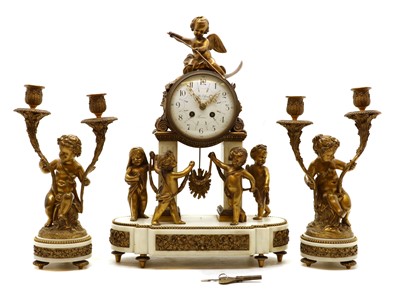 Lot 212 - A Louis XVI style ormolu mounted marble clock garniture