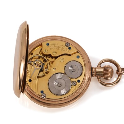 Lot 281 - A rolled gold side wind hunter pocket watch and a 9ct gold Albert chain