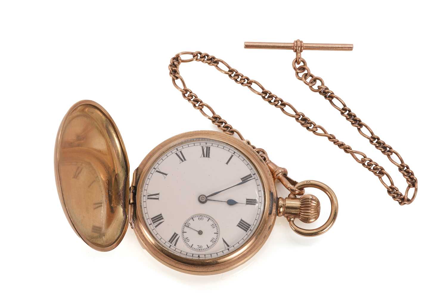 Lot 281 - A rolled gold side wind hunter pocket watch and a 9ct gold Albert chain