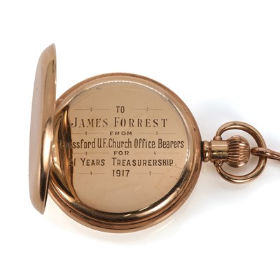 Lot 281 - A rolled gold side wind hunter pocket watch and a 9ct gold Albert chain