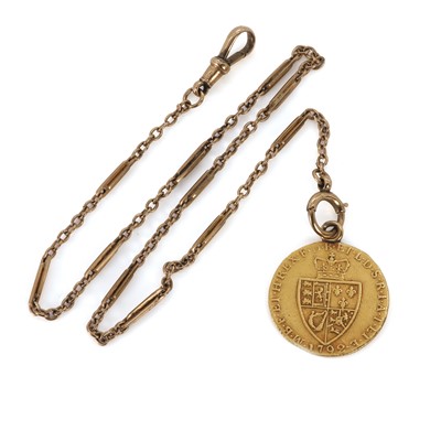 Lot 278 - A George III gold 'spade' guinea and a 9ct gold watch chain
