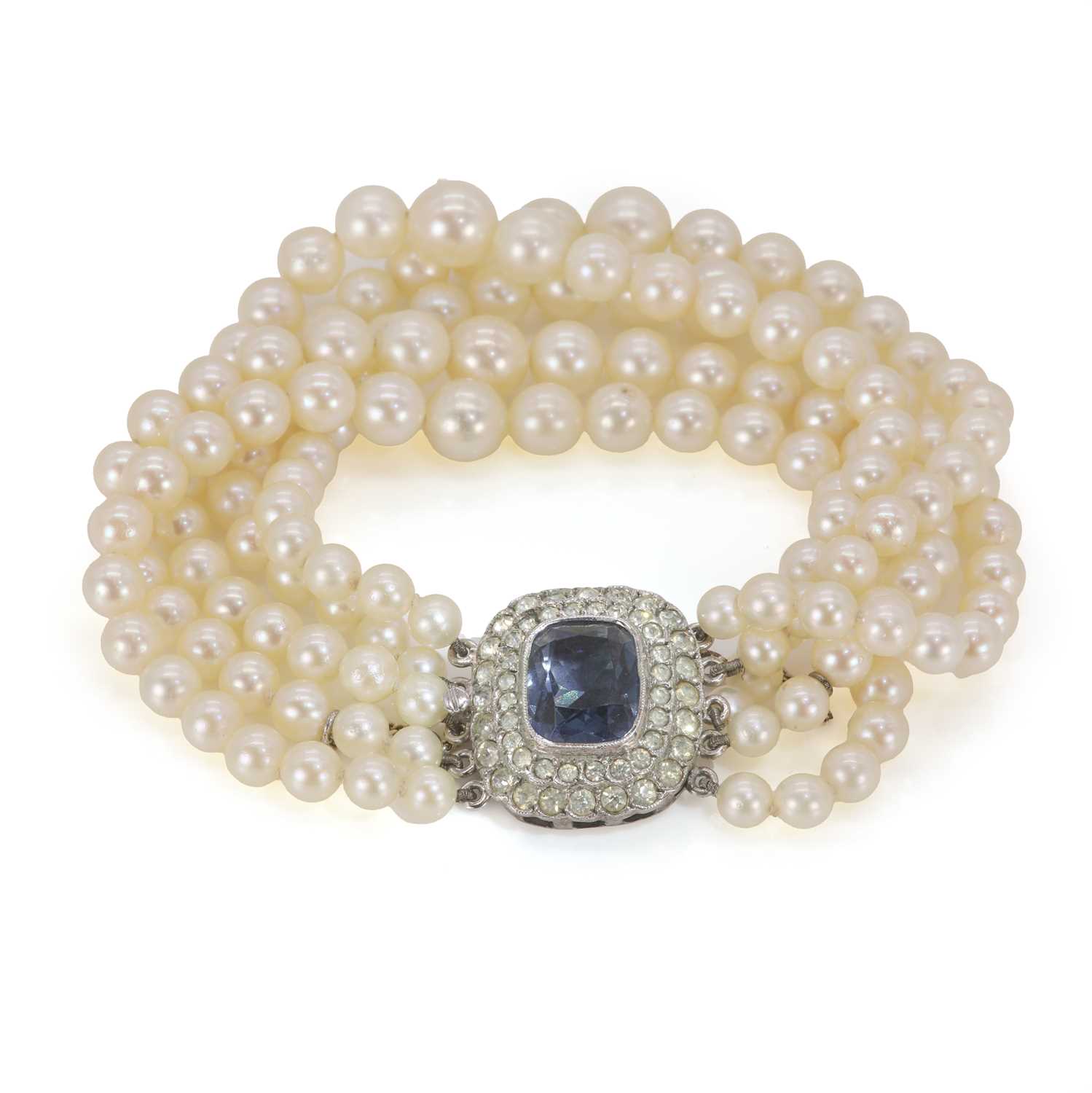 Lot 126 - A five row graduated cultured pearl and paste bracelet