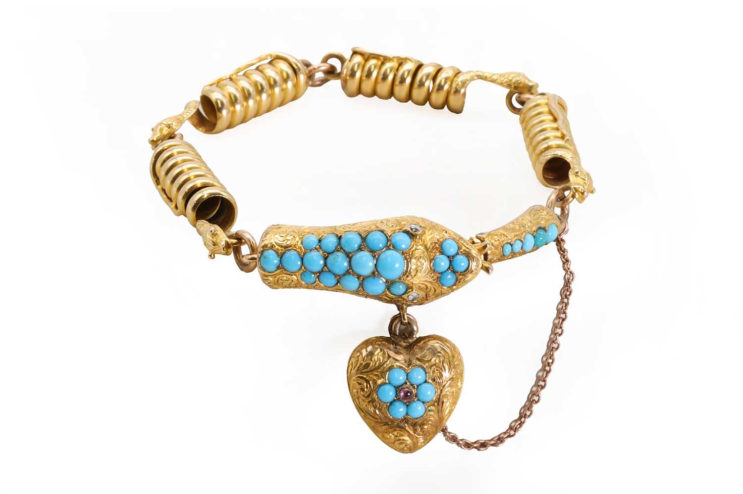 Lot 9 - A Victorian gold and turquoise snake bracelet