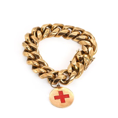 Lot 259 - A 14ct gold solid curb link bracelet with a medical alter charm