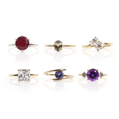 Lot 90 - A 9ct white gold fracture filled ruby ring and a group gemstone rings