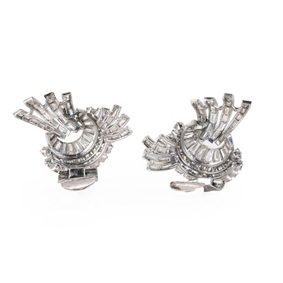 Lot 84 - A pair of platinum and diamond spray clip earrings, c.1940
