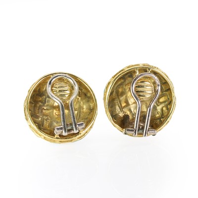 Lot 99 - A boxed pair of 18ct gold and enamel clip earrings, by John Donald