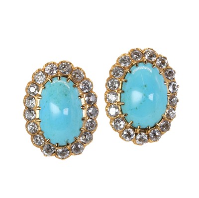 Lot 102 - A pair of turquoise and diamond cluster clip earrings