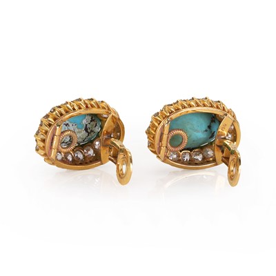 Lot 102 - A pair of turquoise and diamond cluster clip earrings