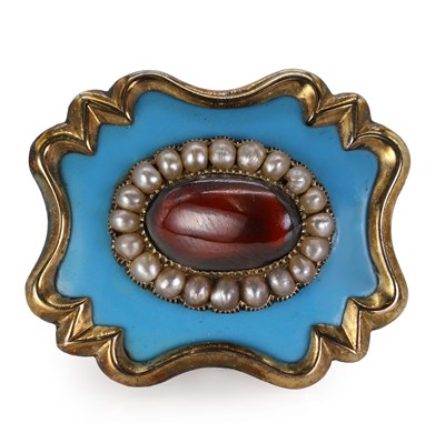 Lot 10 - A turquoise enamel, seed pearl and cabochon garnet memorial brooch