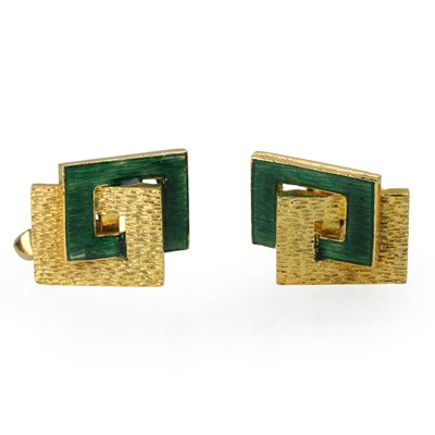 Lot 255 - A pair of modernist textured gold enamelled cufflinks