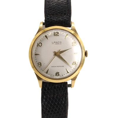 Lot 405 - A gentlemen's 14ct gold Lanco mechanical strap watch