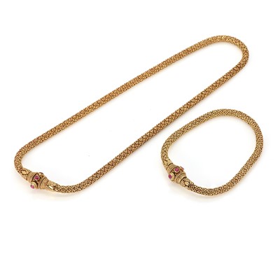 Lot 135 - A gold synthetic ruby necklace and bracelet set