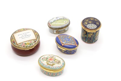 Lot 214 - A group of five Halcyon Days enamel pill boxes