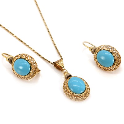 Lot 143 - A gold and simulated turquoise pendant and earring set