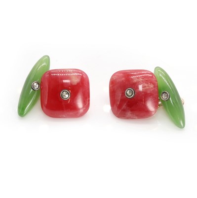 Lot 66 - A pair of rhodochrosite, jade and diamond cufflinks, by Fabergé