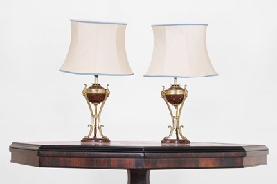 Lot 383 - A pair of Empire-style gilt-metal and rouge marble table lamps