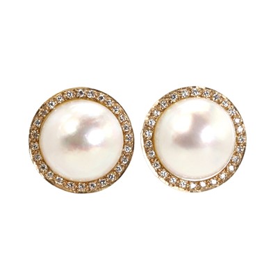 Lot 153 - A pair of 9ct gold Mabé pearl and diamond stud earrings
