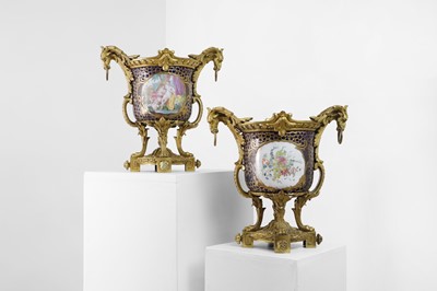 Lot 470 - A pair of Sèvres-style ormolu-mounted porcelain cachepots