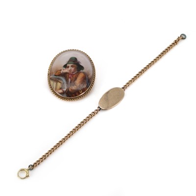 Lot 225 - A gold ceramic portrait miniature brooch and gold identity bracelet