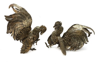 Lot 39 - A pair of silvered fighting cockerels
