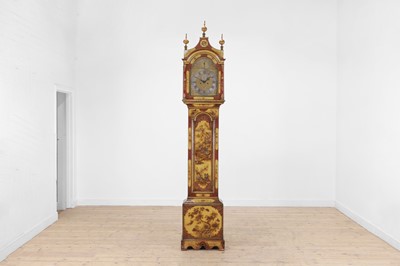 Lot A George III-style yellow, scarlet an gilt-japanned longcase clock