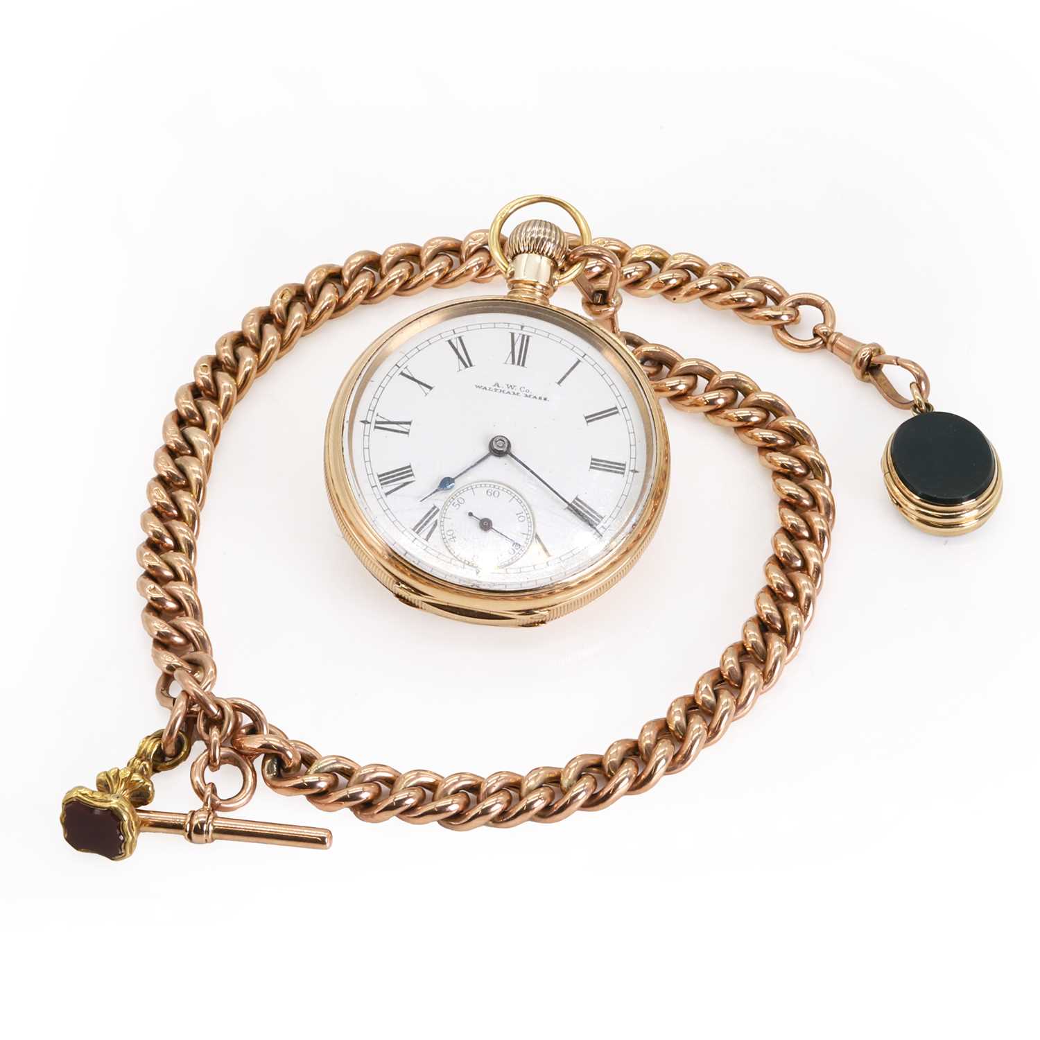 Lot 314 - A gold Waltham pocket watch and rose gold Albert chain