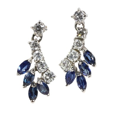 Lot 136 - A pair of 18ct white gold diamond and sapphire drop earrings